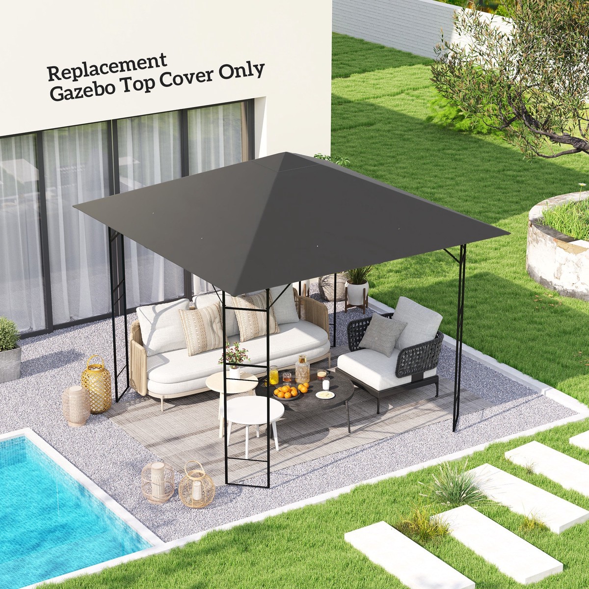 3 x 3m Gazebo Canopy Replacement Cover, Water Resistant UPF30+ with Drain Holes, Grey