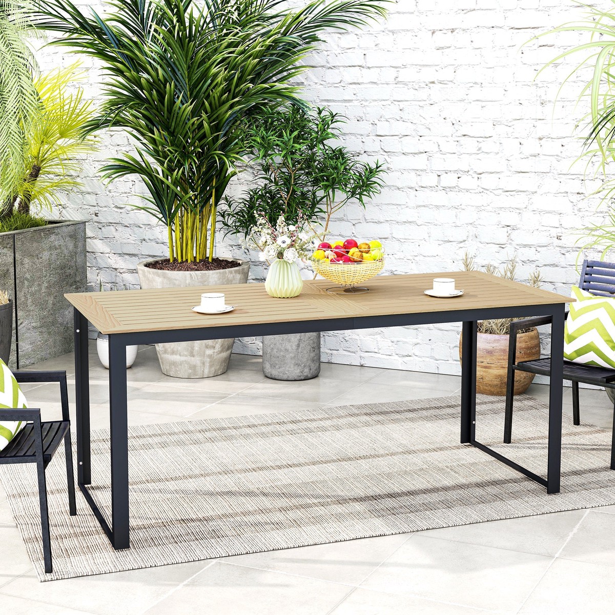 Garden Table, 6 People Rectangle Dining Slatted Top Metal Frame, Teak