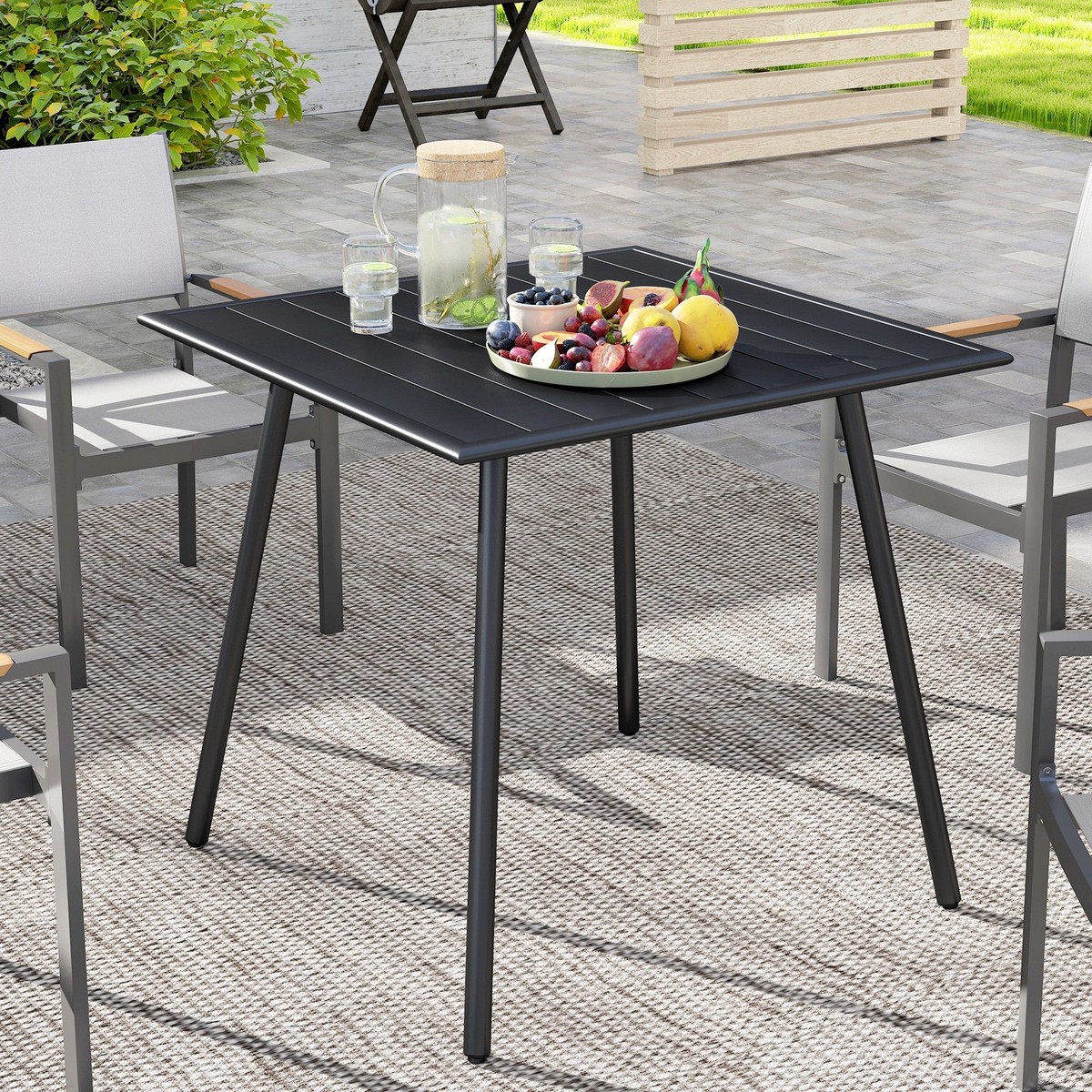 Square Garden Table, Slat Top 4 Person Steel Frame, Black