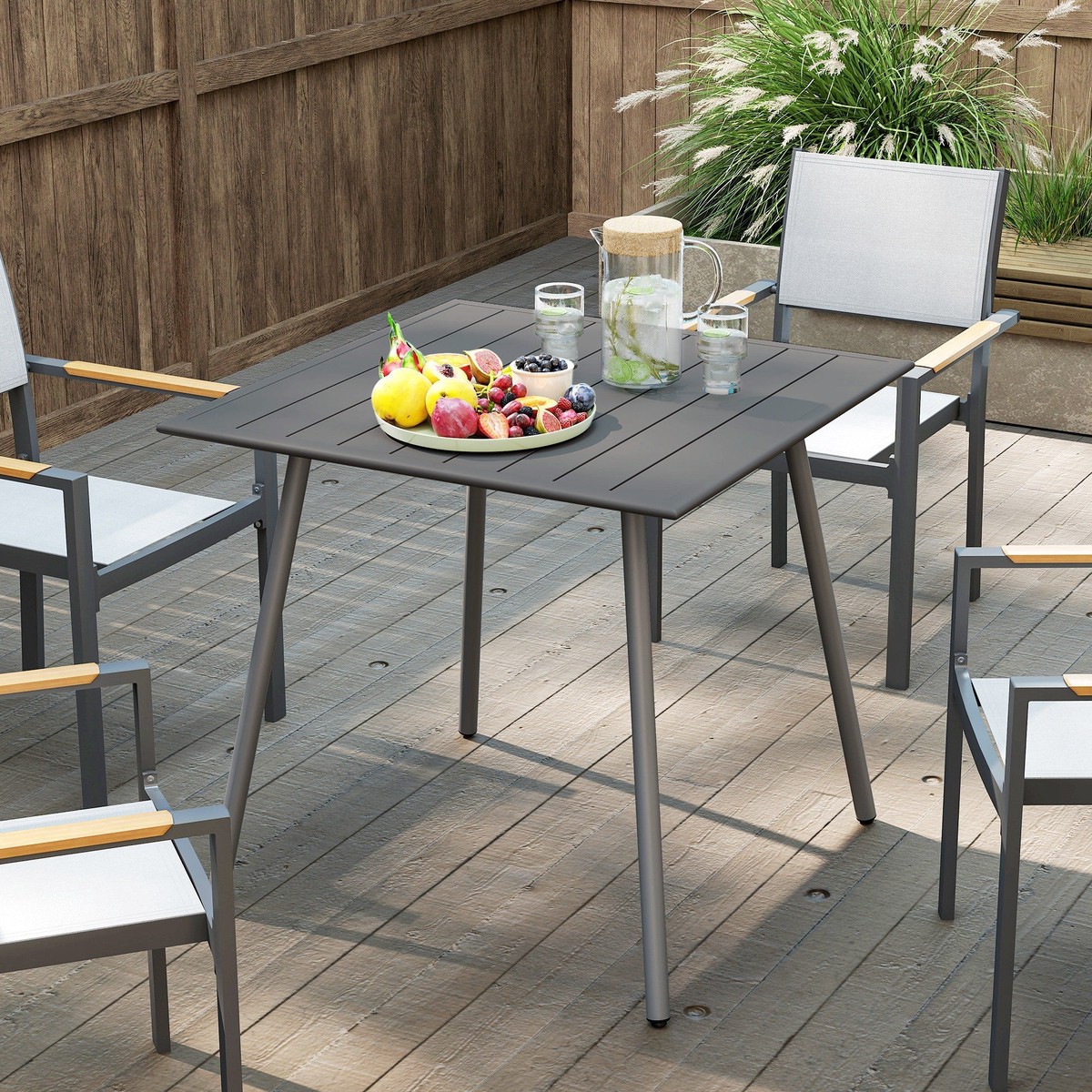 Square Garden Table Slat Top 4 Person Steel Frame, Grey