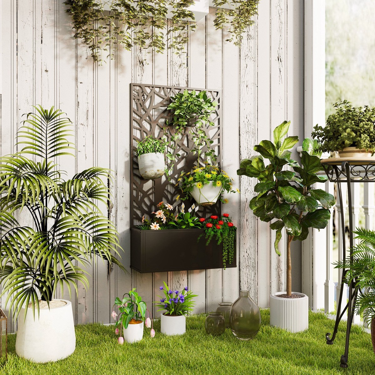 Garden Bed with Privacy Screen, Raised Planter Wall Mounted or Freestanding, Metal