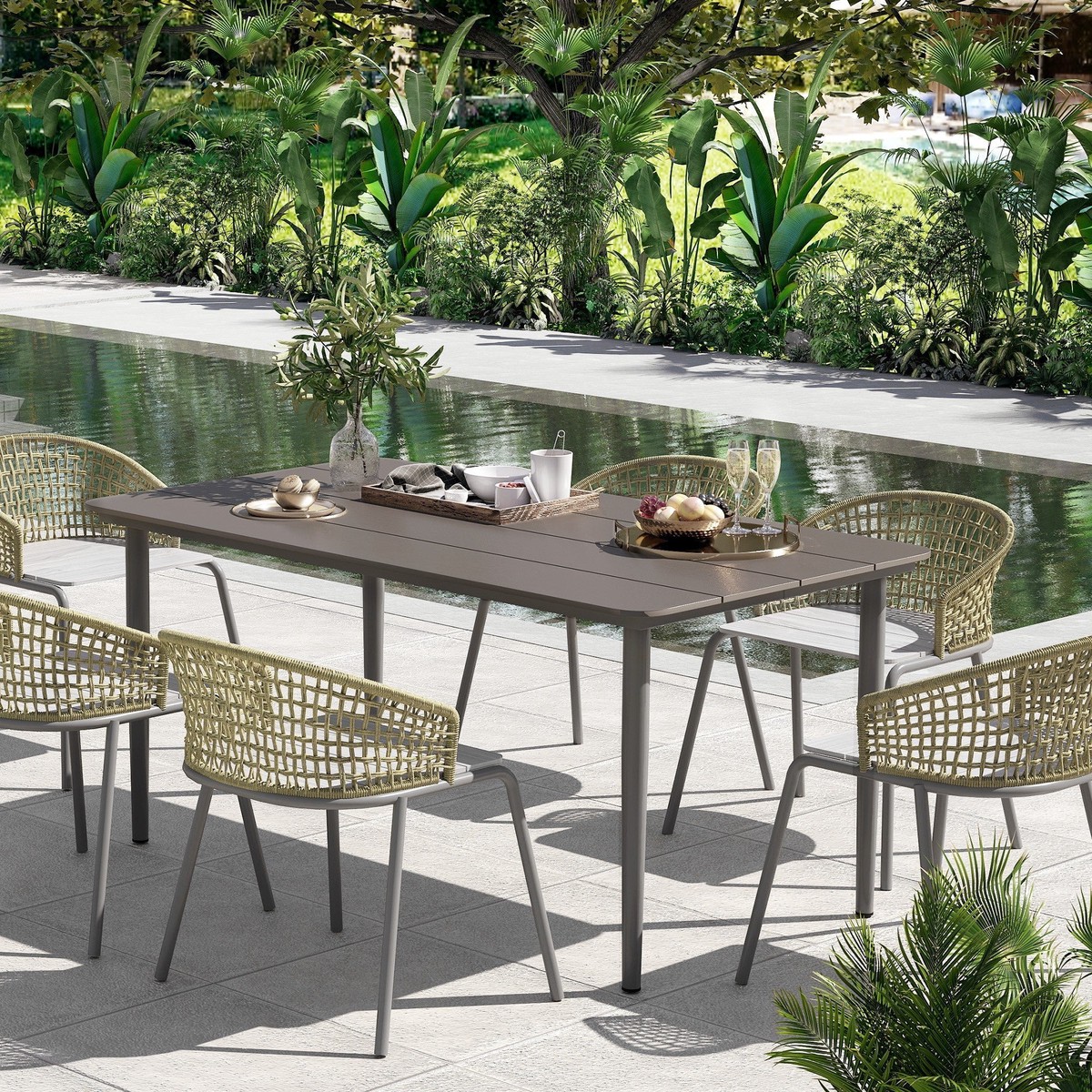 Garden Table, Dining for 6, Rust Resistant Metal Frame, WPC Top, Dark Grey