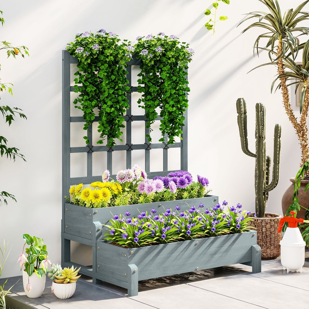 2-Tier Raised Garden Bed, Elevated Planter with Trellis and Drainage, Wooden Grey