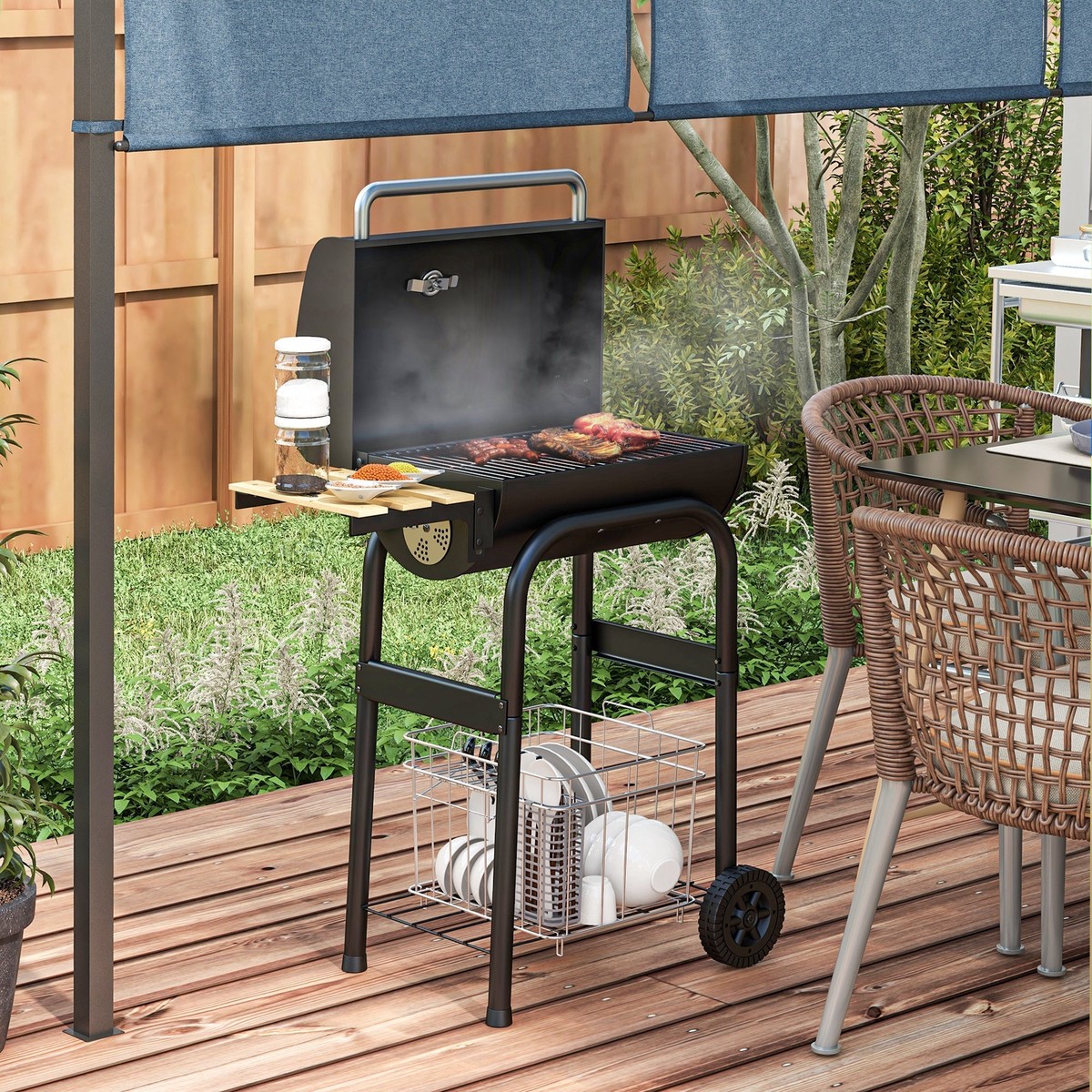 Charcoal BBQ Grill with Thermometer, Shelves and Wheels - Black/Steel
