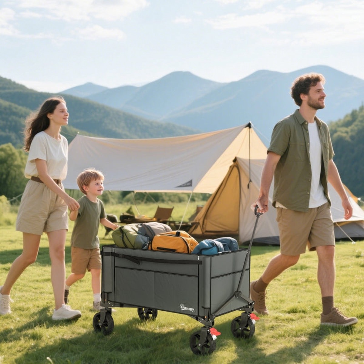 Folding Trolley 150L Collapsible Wagon Openable Sides Adjustable Handle Brakes, Grey