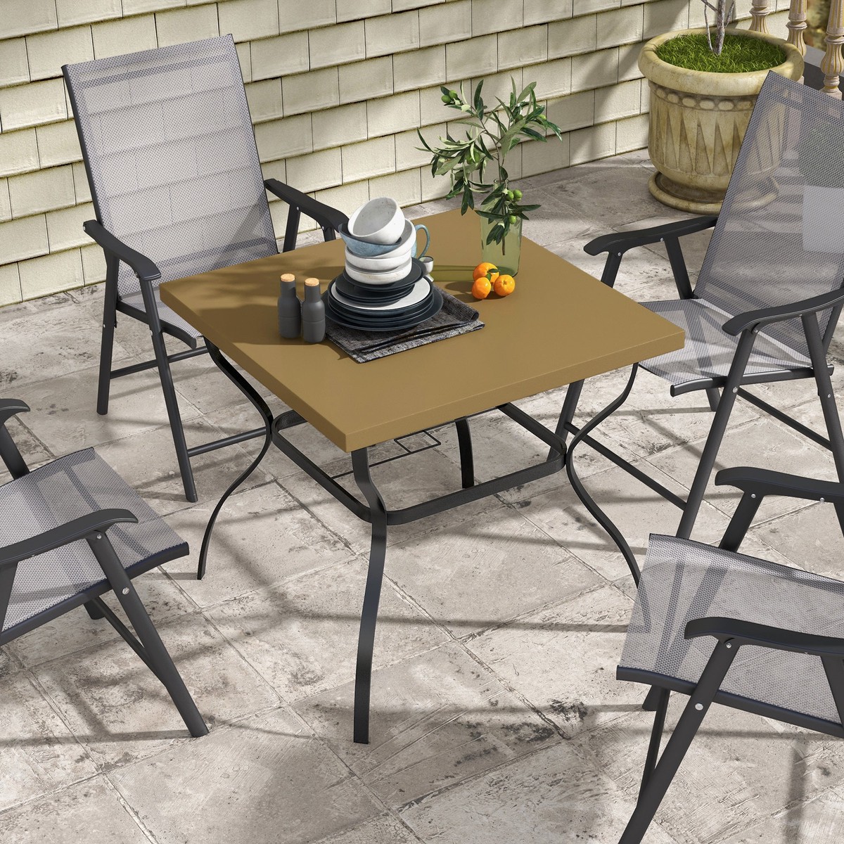 Garden Table, Four-Seater with Parasol Hole, Steel Brown/Black