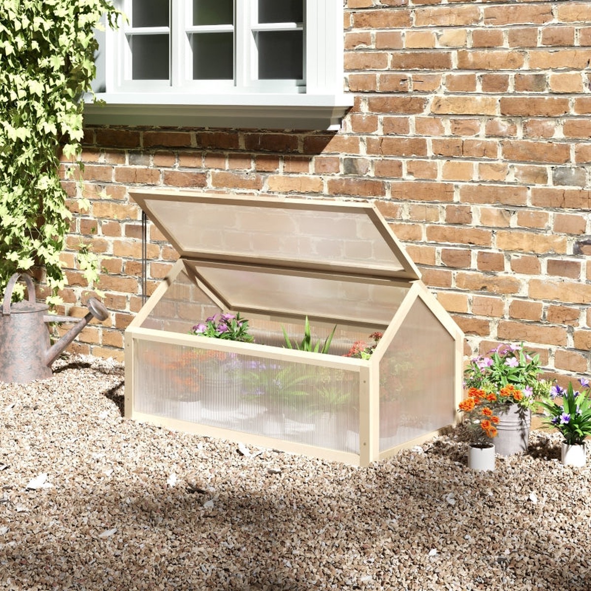 Cold Frame Greenhouse, Openable Polycarbonate Top 90 x 52 x 50cm, Natural Wooden