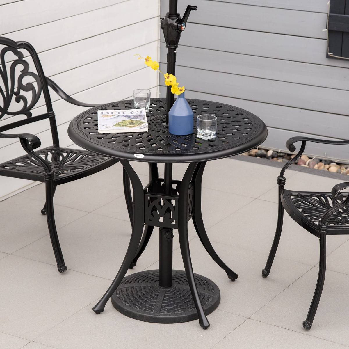 Garden Dining Table, 78cm Round with Parasol Hole, Cast Aluminium Black