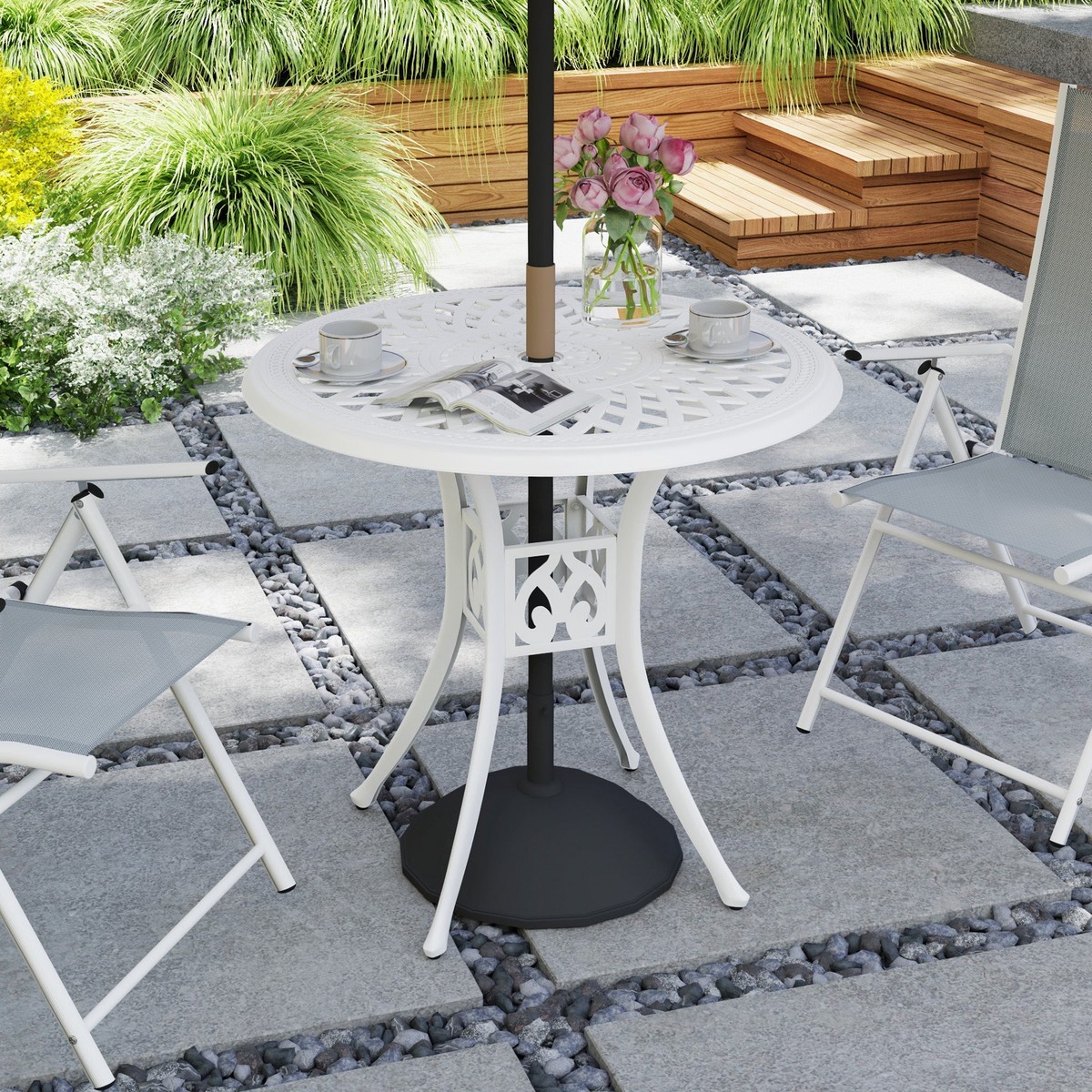 Garden Dining Table, Round 78cm with Parasol Hole, Antique Cast Aluminium White