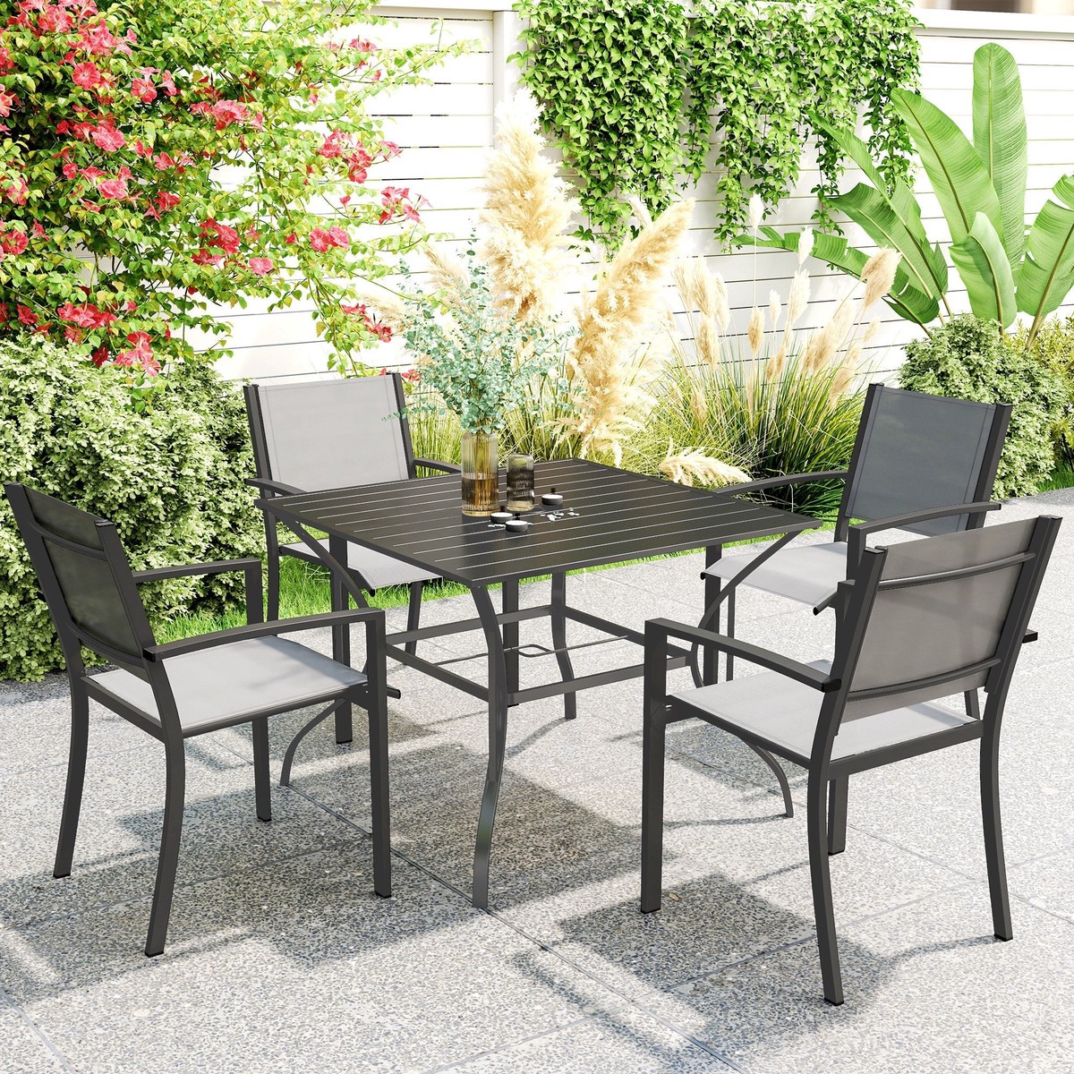 Garden Table, 94x94cm Dining for Four with Parasol Hole, Dark Grey Metal
