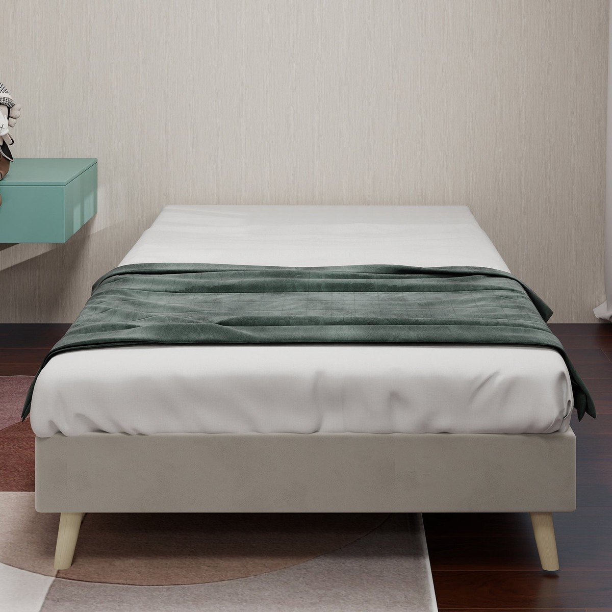 Modern Minimalist Bed Frame, 90x200 cm Low-Profile Base, Beige Dutch Velvet