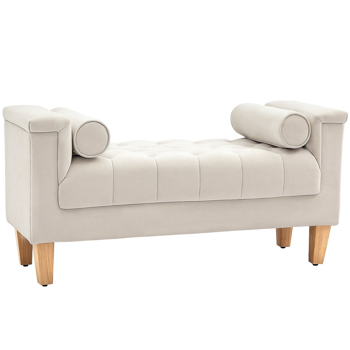 Upholstered Bench, Armrest Bed Bench, 2 Cylinder Cushions, Wooden Frame, Beige Chenille