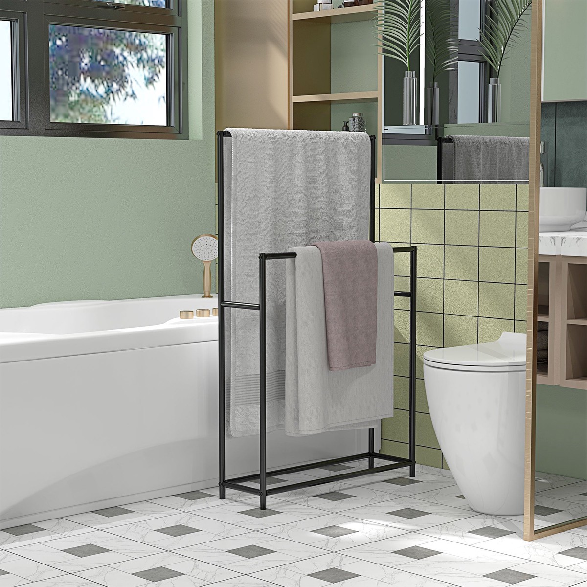Towel Rail, Freestanding with 2 Rails, Metal, Black