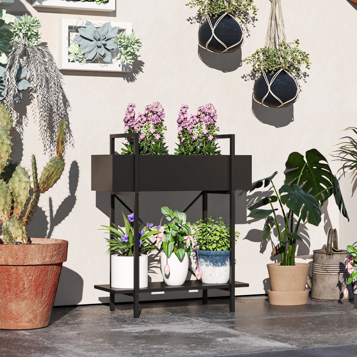 2-Tier Plant Stand, 70cm High, Metal, Black
