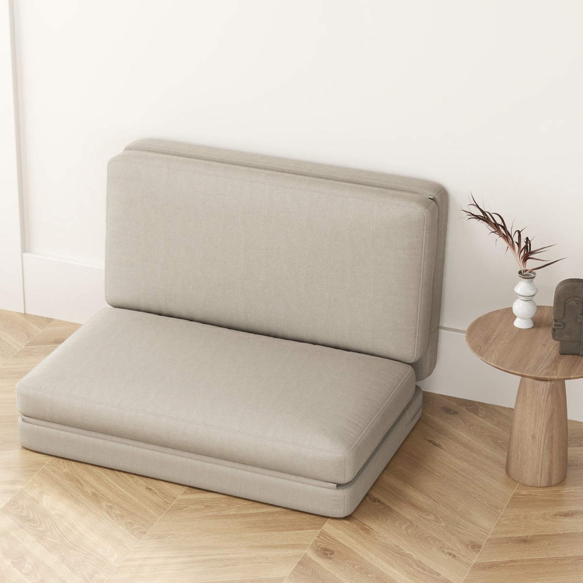 3-in-1 Folding Sofa Bed, Velvet Upholstered with Storage, Beige