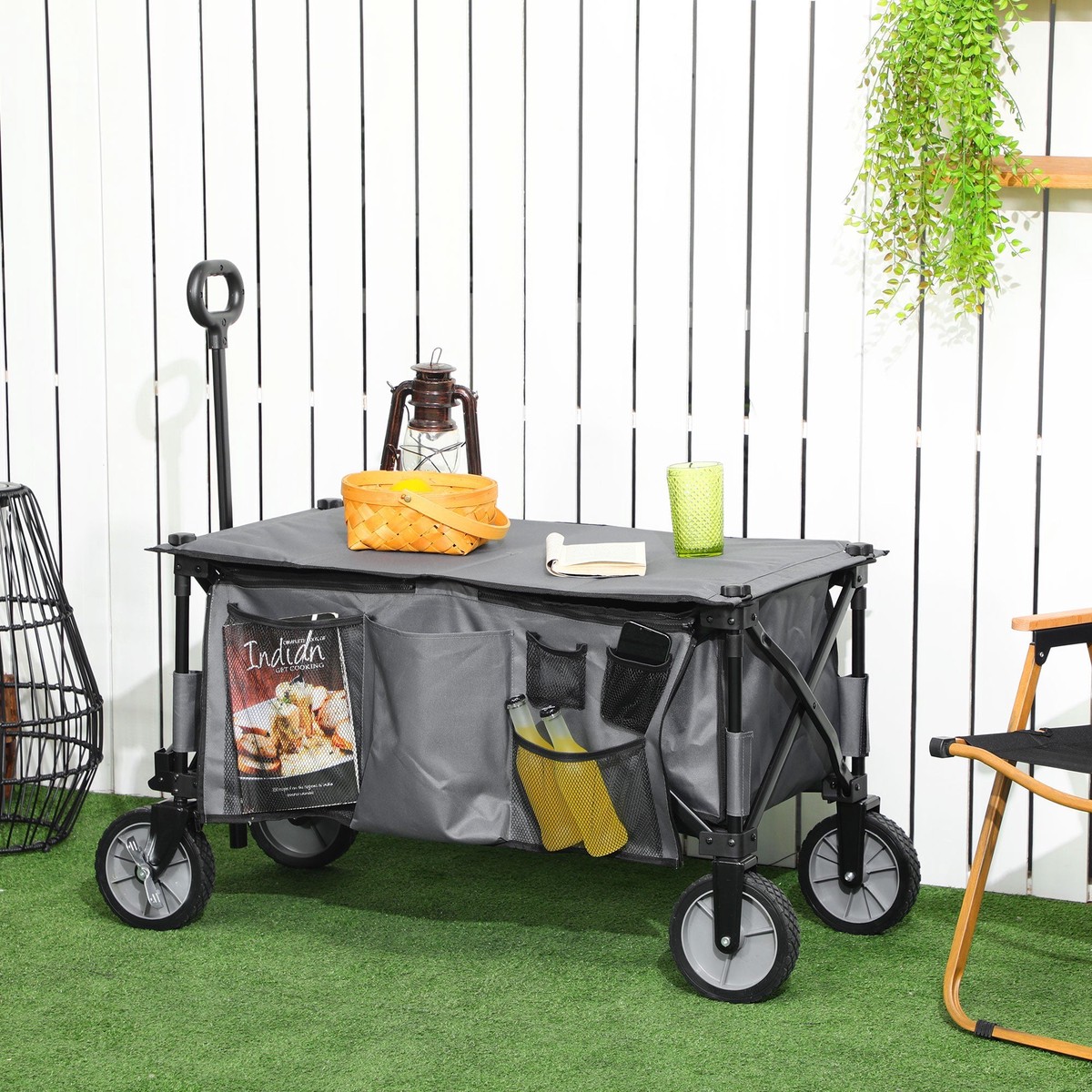 Folding Handcart, 120 kg Load, Adjustable Handle, Side Pockets & Folding Board, Dark Grey