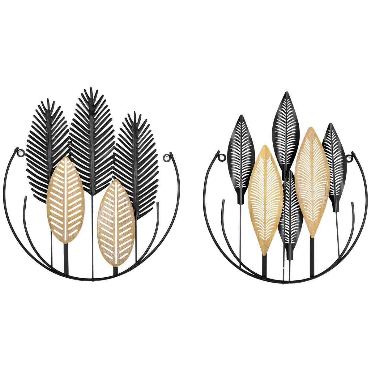 3D Wall Art 2-Set Leaves Decoration, Modern Metal Black and Natural