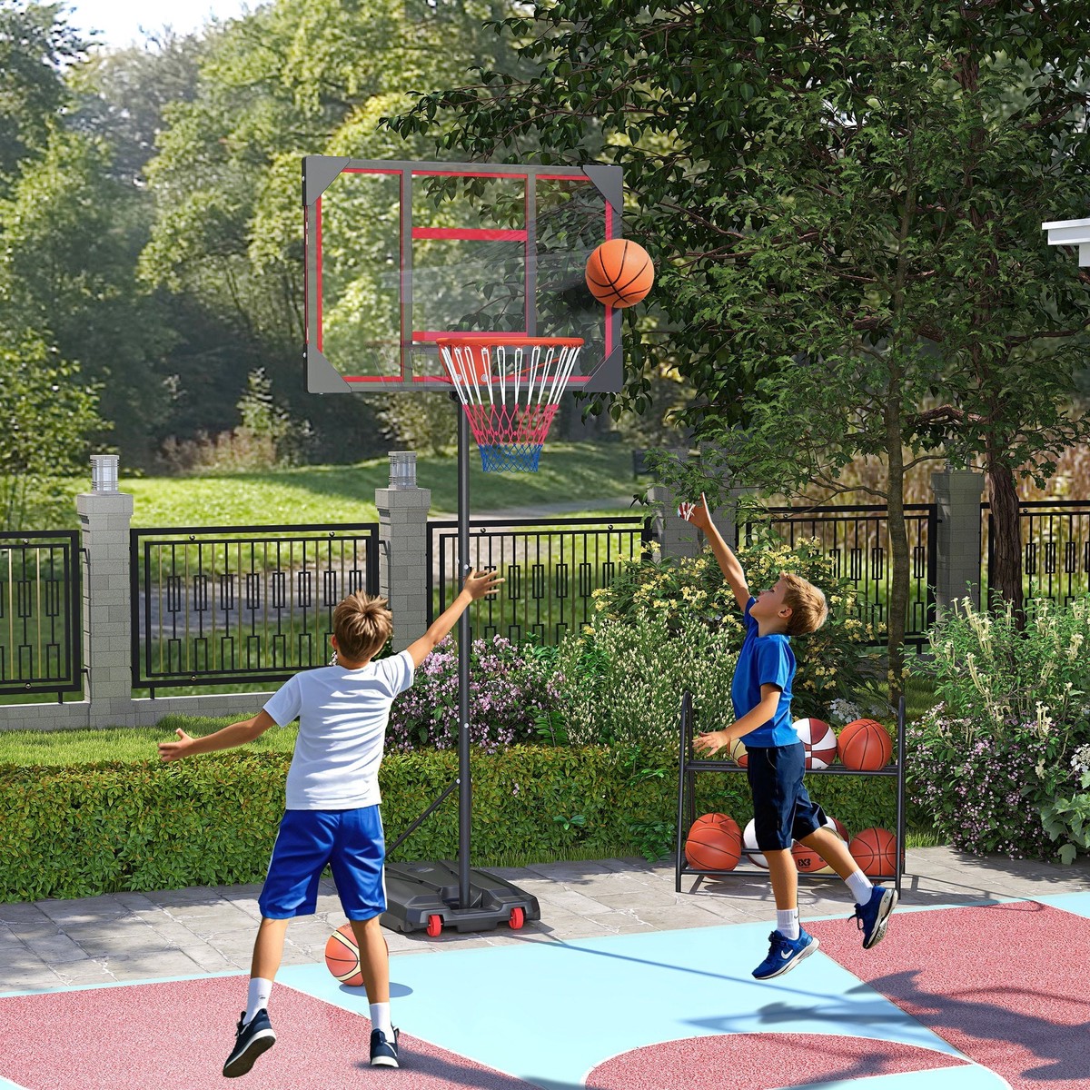 Outdoor Basketball Hoop, Height-Adjustable with Wheels, Red