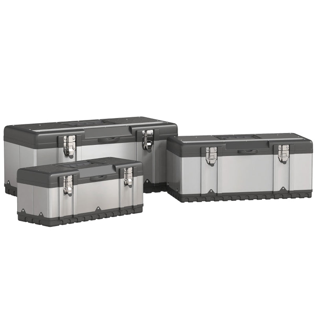 Tool Case, 3 Empty Tool Boxes with Removable Tray, Stainless Steel, Black + Silver